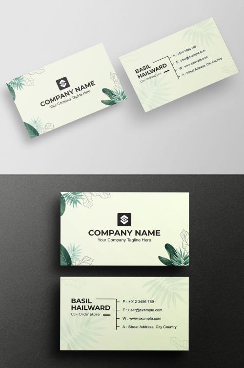 Business Card Layout with Leaf Illustration