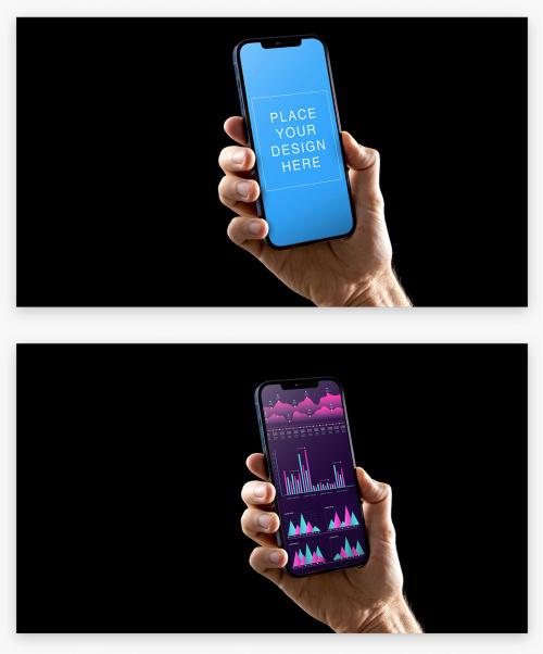 Smartphone Mockup in Mans Hand Isolated on Black Background