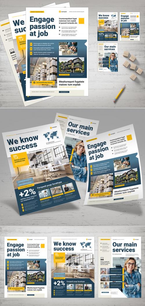 Business Offer Flyer in White and Dark Blue with Yellow Accents