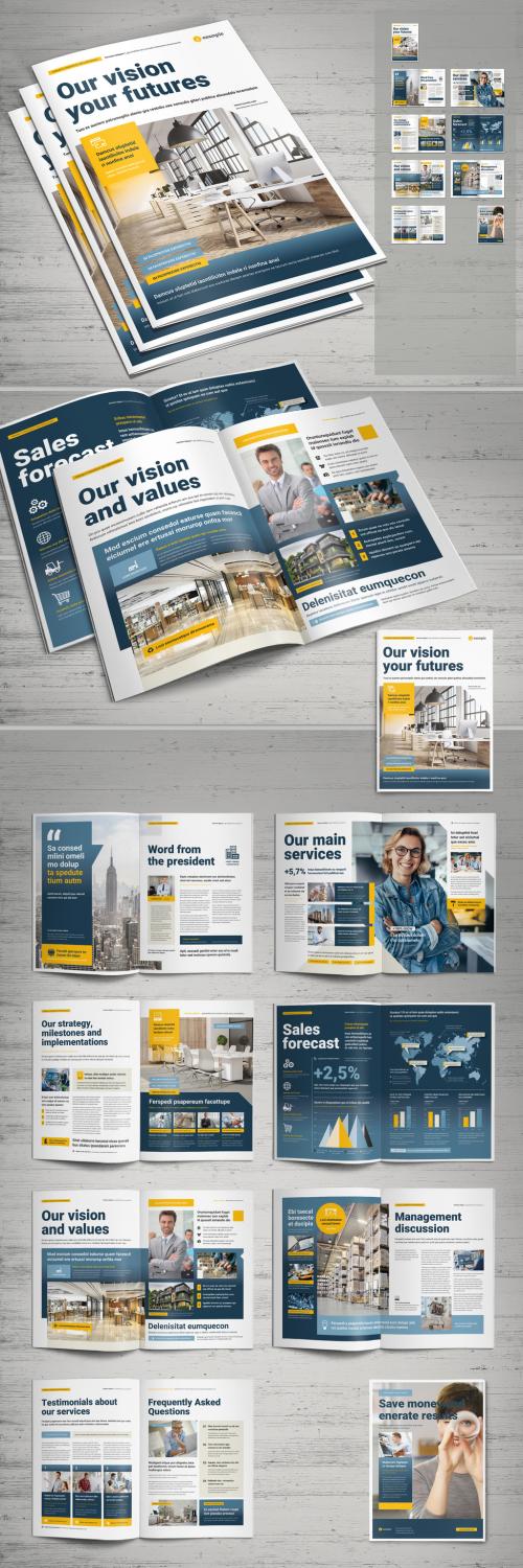 Business Brochure Template in White and Dark Blue with Yellow Accents