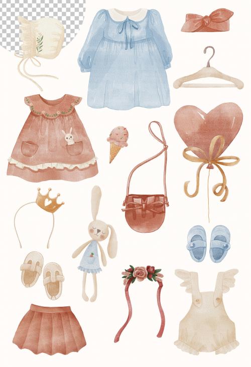 Watercolor Baby Girl Clothes and Accessories Illustrations Art Set