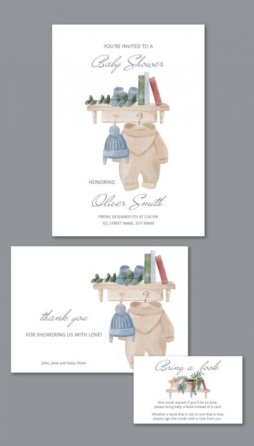 Baby Shower Cards Set with Watercolor Illustrations