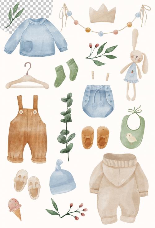 Watercolor Baby Boy Clothes and Accessories Illustrations Art Set
