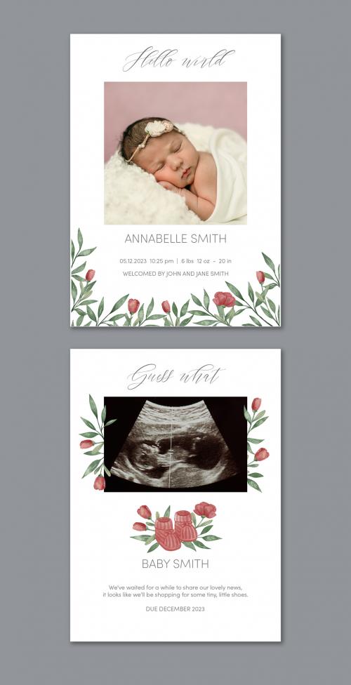 Baby Birth Announcement Cards Set with Watercolor Illustrations and Photo Placeholder