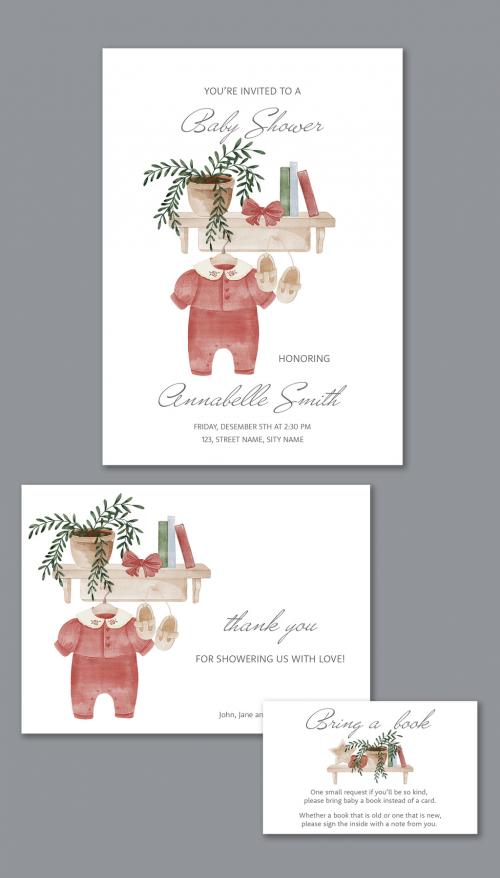 Baby Shower Cards Set with Watercolor Illustrations