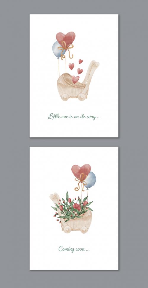 Baby Birth Announcement Cards Set with Watercolor Illustrations