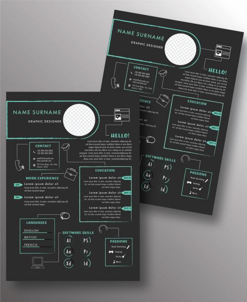Graphic Designer Resume Layout in Black Color with Placeholder