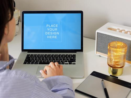 Woman Working on Laptop at Home Mockup