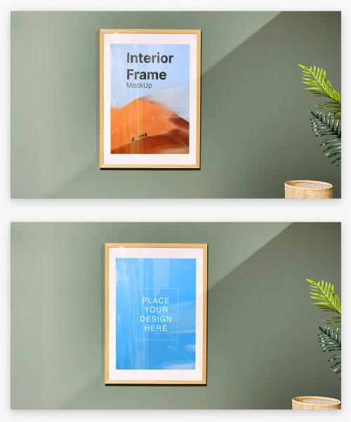 Wooden Photo Frame Mockup on the Green Wall
