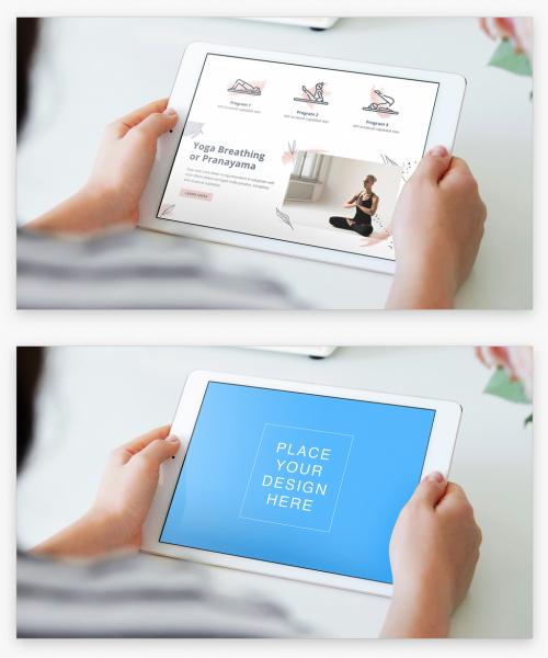 Woman with Watch Using Tablet Mockup