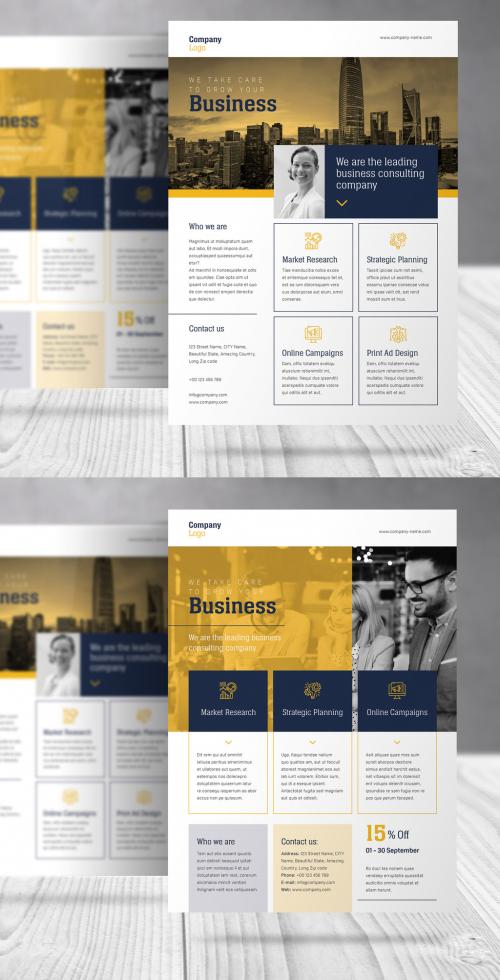 Business Consulting Company Flyer with Blue and Yellow Accents