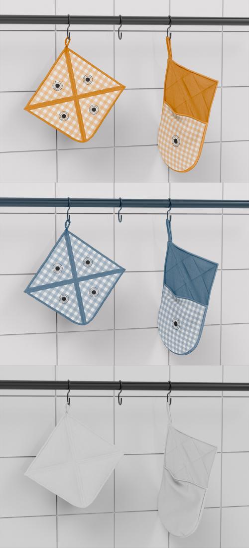 Oven Mitt and Potholder Hanged from Bar in Kitchen Mockup