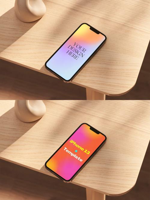 Smartphone on a Wooden Table Mockup