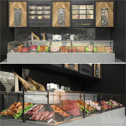 Showcase in a supermarket with semi-finished products and meat. Food