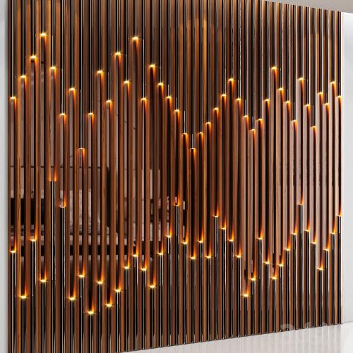 Wall panel made of wood planks, cognac mirror and polished pipes