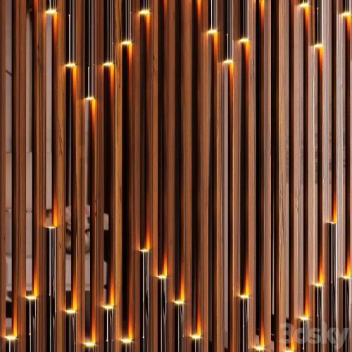 Wall panel made of wood planks, cognac mirror and polished pipes