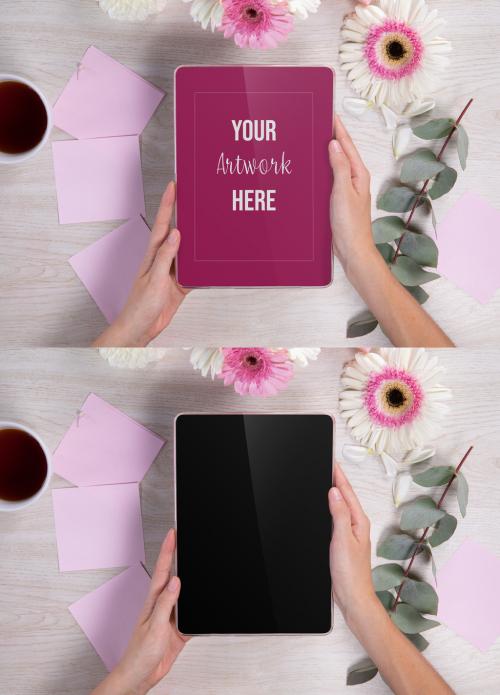 Tablet with Sticky Notes and Flowers Mockup