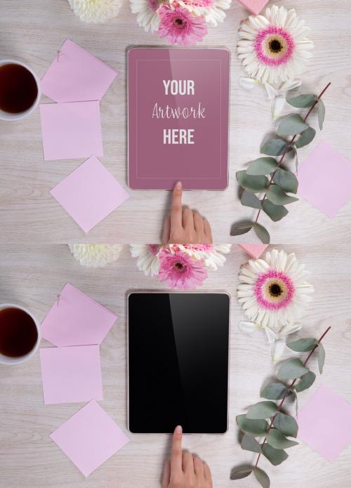 Tablet with Sticky Notes and Flowers Mockup