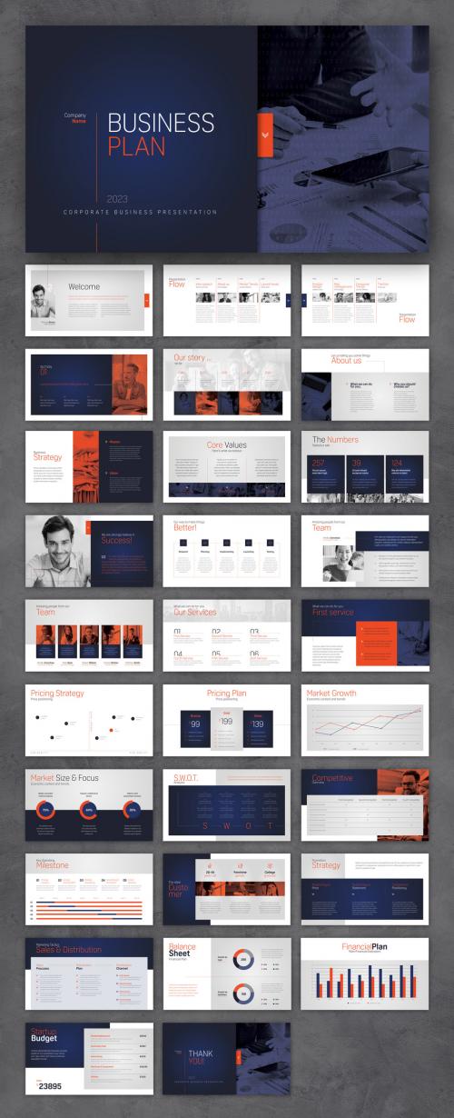 Business Plan Presentation with Blue and Orange Accents