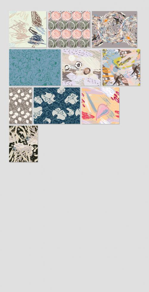 Seamless Pattern Collection with Hand Drawn Rough Abstract Strokes and Floral Elements