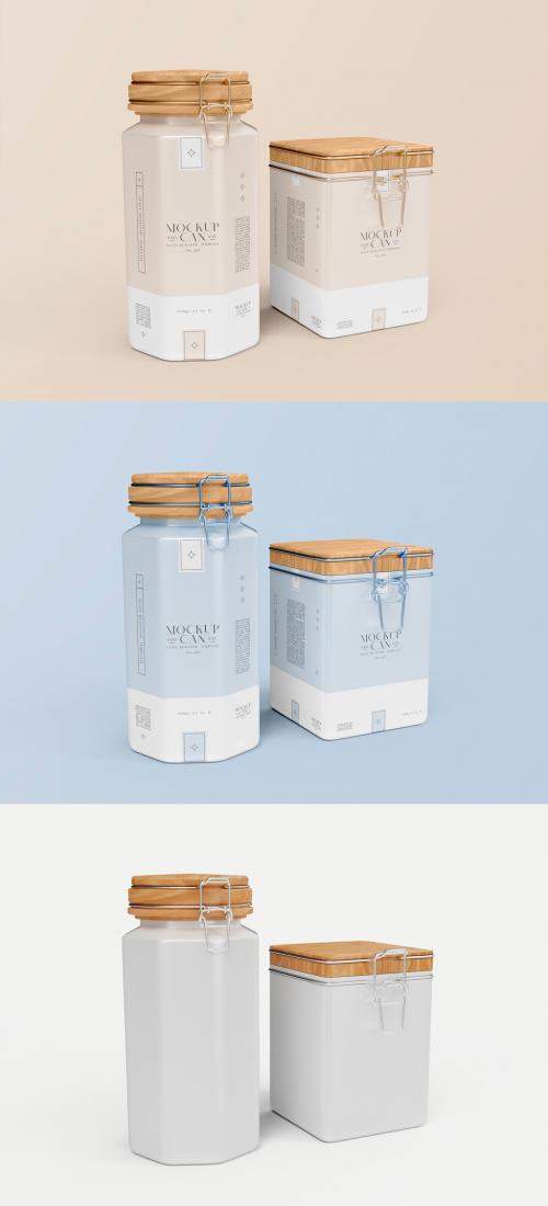 Metallic Cans with Wooden Lid Mockup