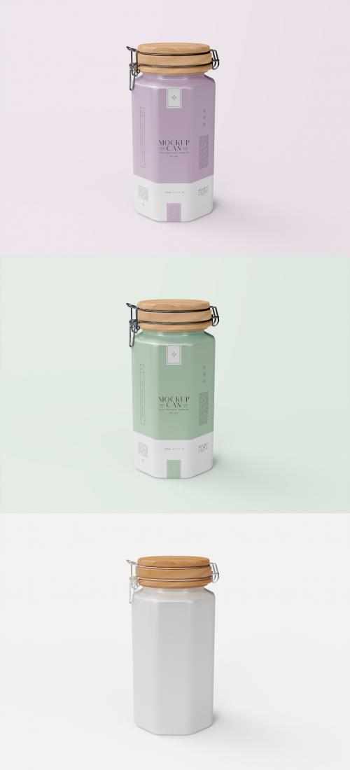 Hexagonal Can with Wooden Lid Mockup