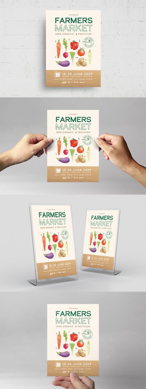 Farmers Marrket Flyer Poster with Watercolor Vegetables Illustrations