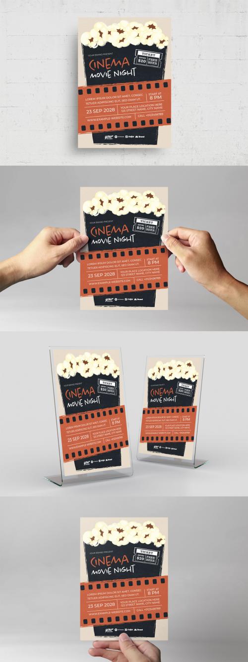 Rustic Cinema Night Movie Night Flyer Poster with Popcorn Illustration