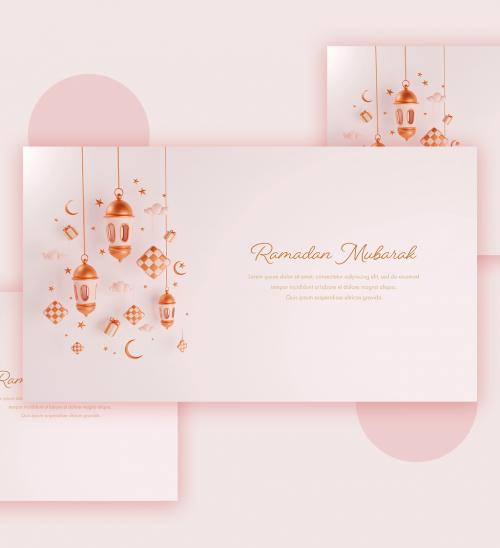 Ramadan Mubarak Concept with Arabic Lanterns Golden Moon and Stars