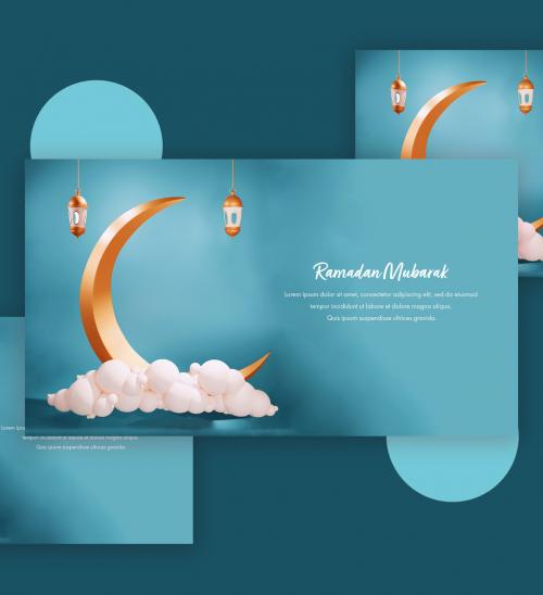 Ramadan Mubarak Concept with Golden Crescent Moon and Clouds