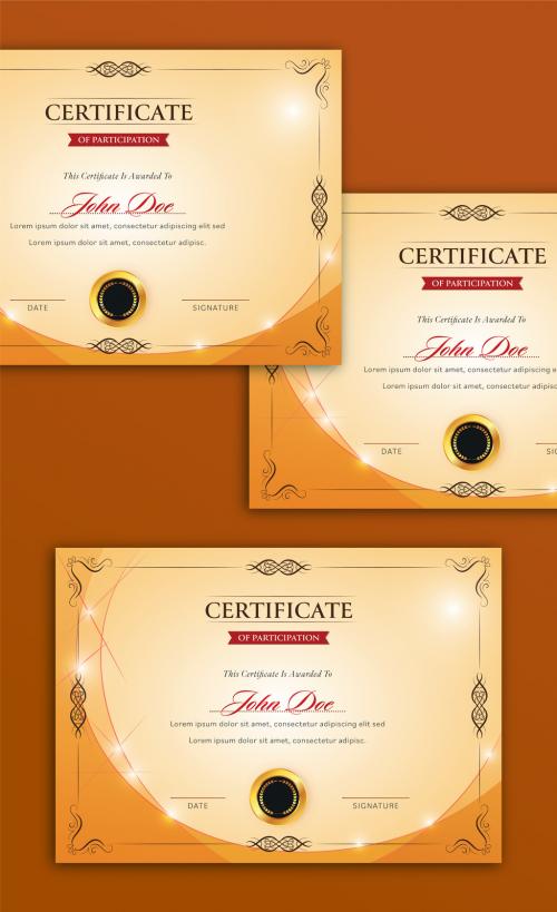 Participation Certificate Layout in Orange Color with Lights Effect