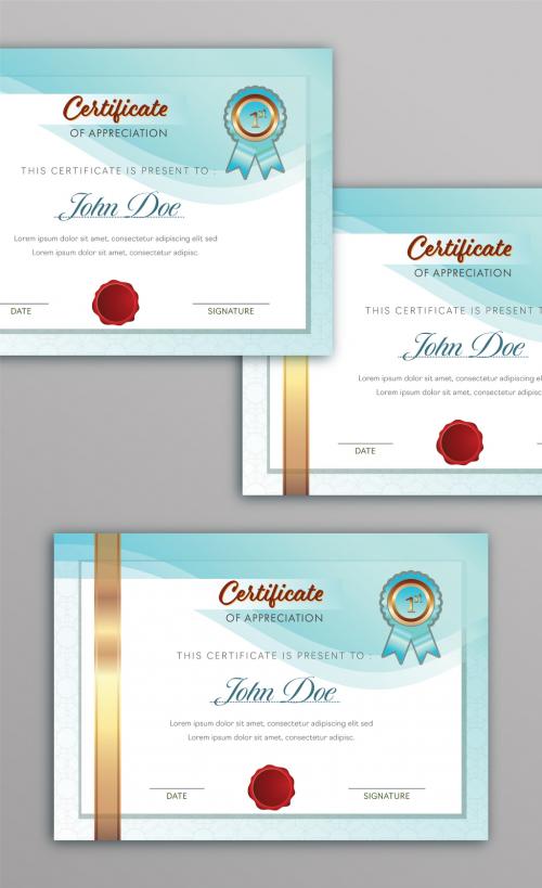 Appreciation Certificate Layout in White and Light Blue Color with Badge