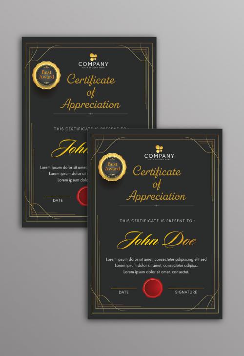 Appreciation Certificate Template Layout in Black and Golden Color