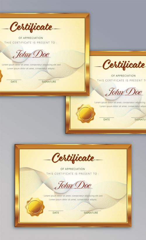Appreciation Certificate Layout in Yellow Color with Golden Seal and Abstract Waves