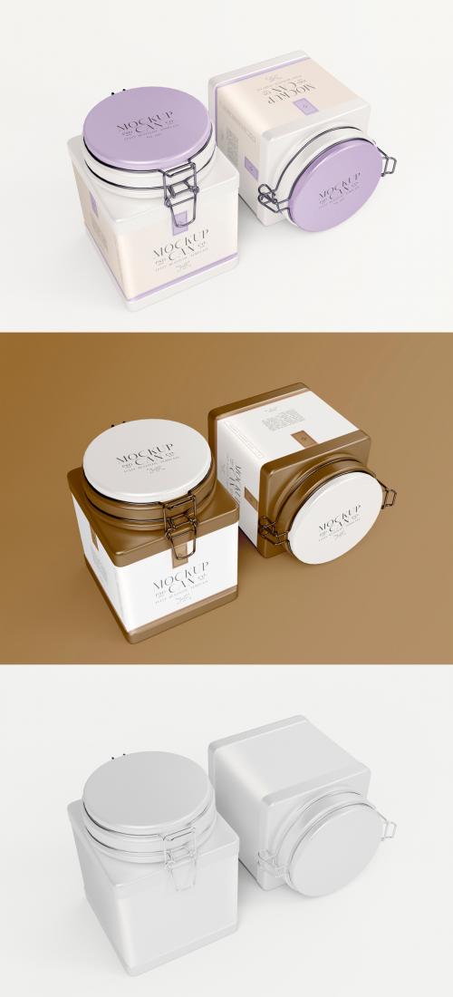 Square Metallic Tin Cans Mockup