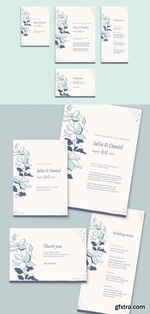 Floral Wedding Invitation Set with Light Blue and Gray Accents