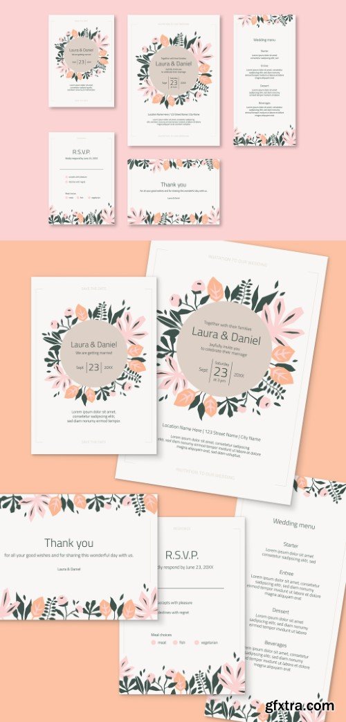 Wedding Invitation Set with Pink and Green Stylized Flowers