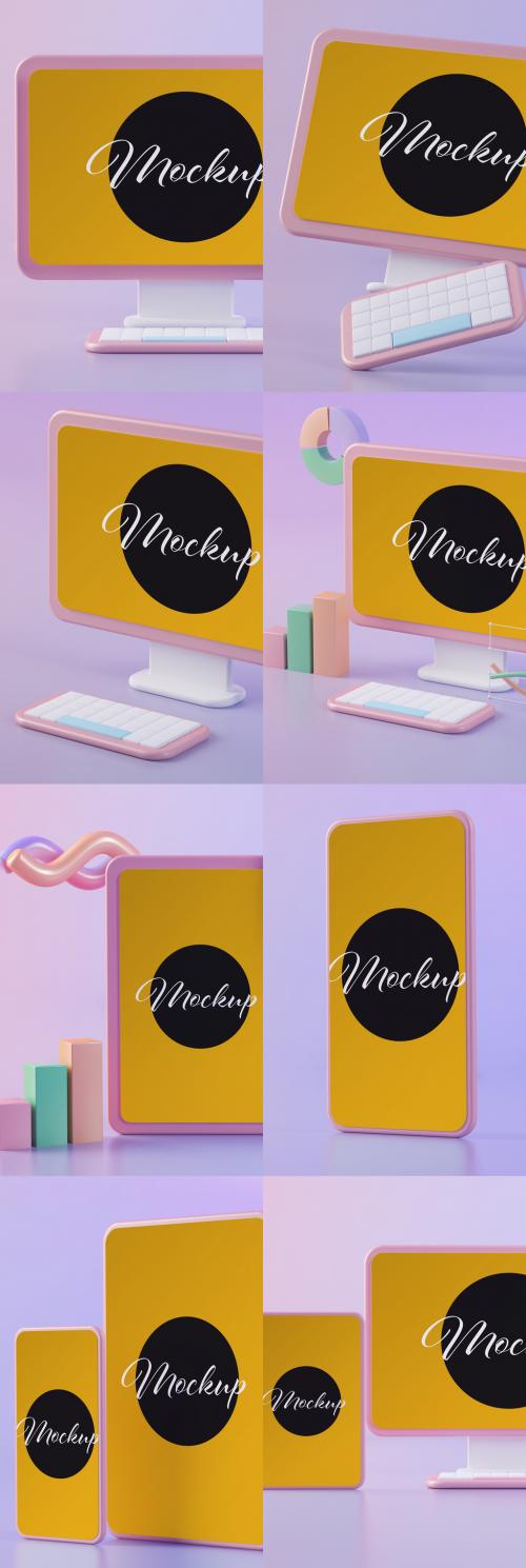 Pink Cartoon Devices Set Mockup