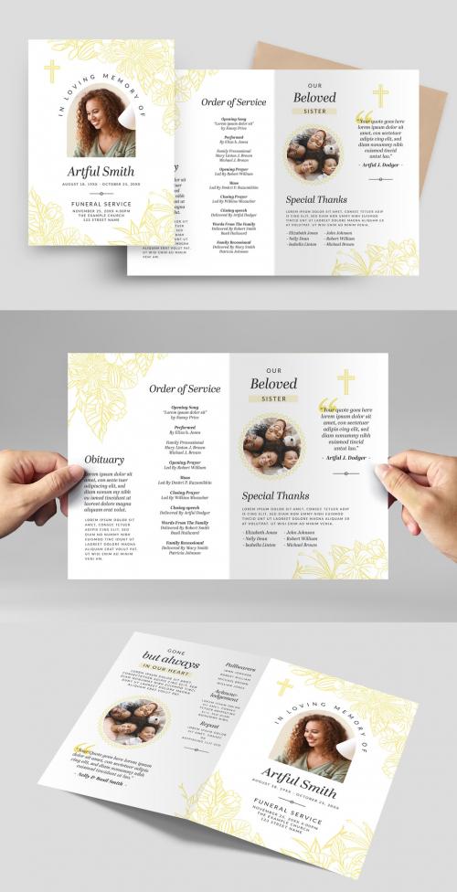 Minimal Funeral Program Obituary Brochure with Yellow Line Art Flowers