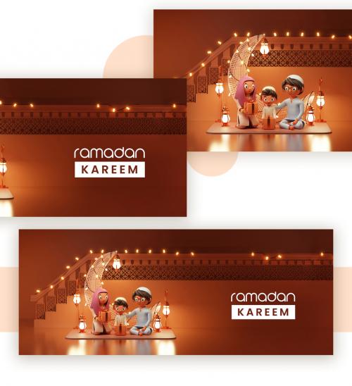 3D Render of a Muslim Family with Gifts Ramadan Kareem Concept