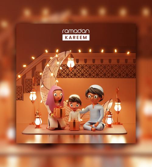 3D Render of a Muslim Family with Gifts Ramadan Kareem Concept