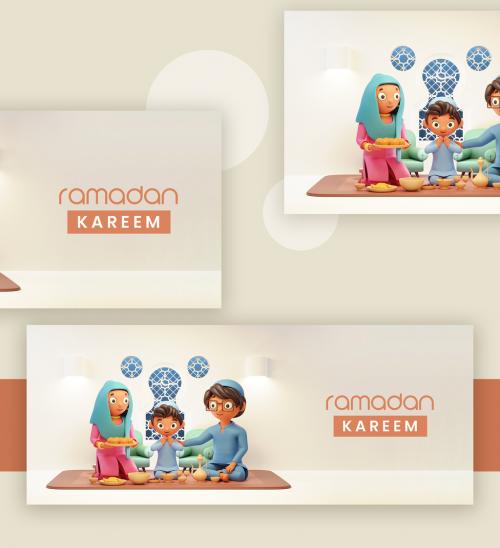 3D Render of Room Interior with a Muslim Family Ramadan Kareem Concept