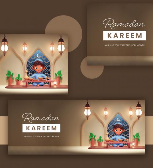 3D Render of Room Interior with a Young Muslim Boy Ramadan Kareem Concept