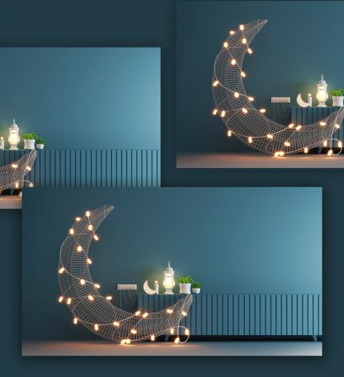 3D Render of a Crescent Moon Decorative Eid or Ramadan Festival Concept