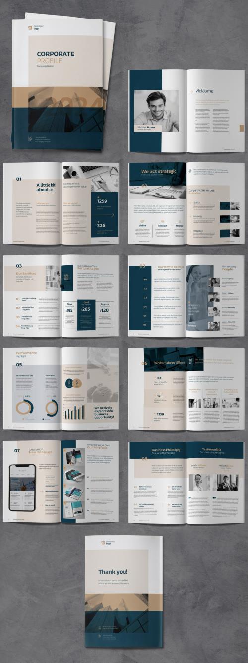 Business Company Profile Brochure with Blue and Gold Accents