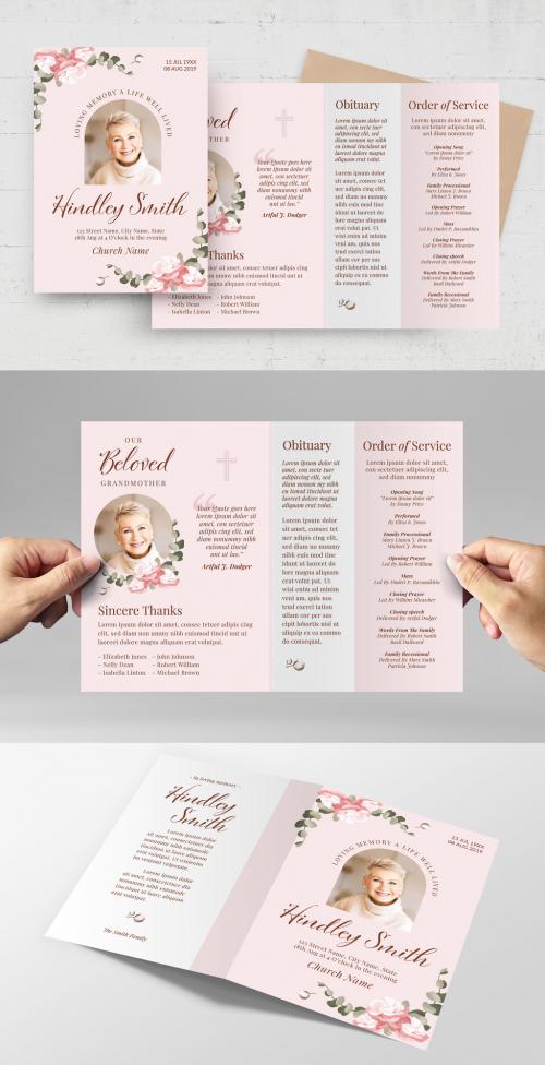 Pink Funeral Program Obituary Flyer Poster with Watercolour Florals