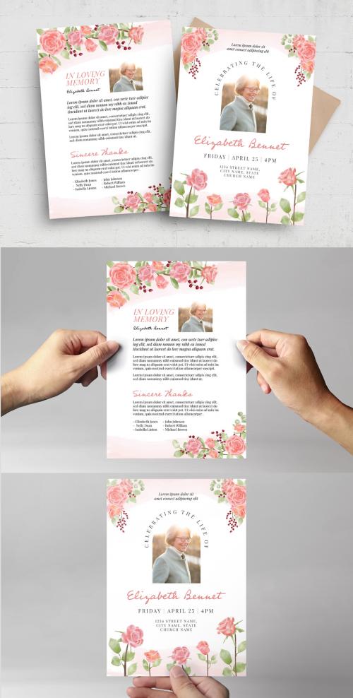 Funeral Program Obituary Flyer Poster with Pink Watercolor Roses Florals