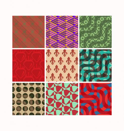 Seamless Pattern Set with Retro Colored Geometric Shapes and 3D Shadow Effect