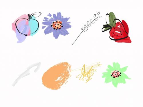 Set of Artistic Hand Drawn Fruits Flowers and Scribbles