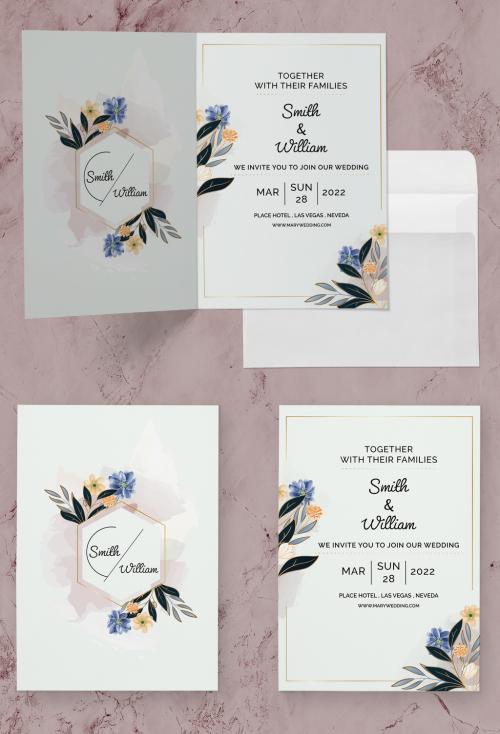 Two Wedding Invitation Cards with Watercolor Flowers